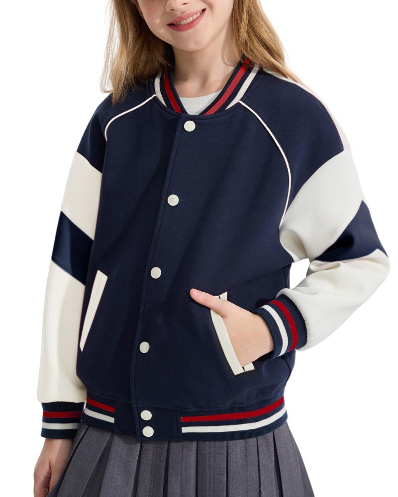 Rolanko Girls Varsity Jacket Baseball Letterman Bomber Jacket Kids Color Block Outwear Tops With Pockets Navy 1213 Years