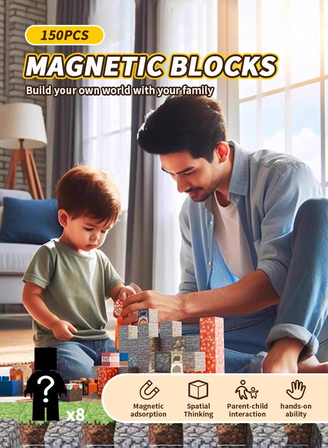 150 PCS Magnetic Blocks-Build Mine Magnet World Set, Square Building Blocks Toy with 8 Mini Dolls for Kids, Magnetic Toys for 3+ Years Old Girls Boys - Image 2