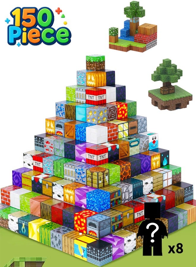 150 PCS Magnetic Blocks-Build Mine Magnet World Set, Square Building Blocks Toy with 8 Mini Dolls for Kids, Magnetic Toys for 3+ Years Old Girls Boys - Image 1