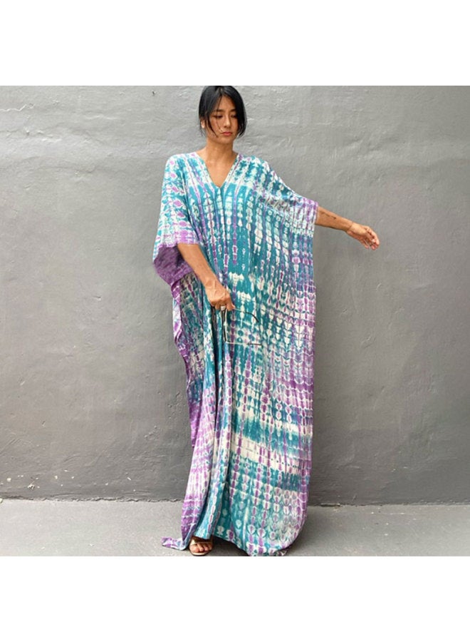 European And American Rayon Tie-dyed Beach Dress Loose Gown Seaside Holiday Bikini Swimsuit Outer Blouse Sunscreen Shirt For Women-Color:Blue And Purple (ZS1657-28)-  - Image 1