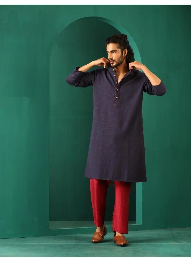 ترو برونز Men's Navy Dobby Textured Kurta