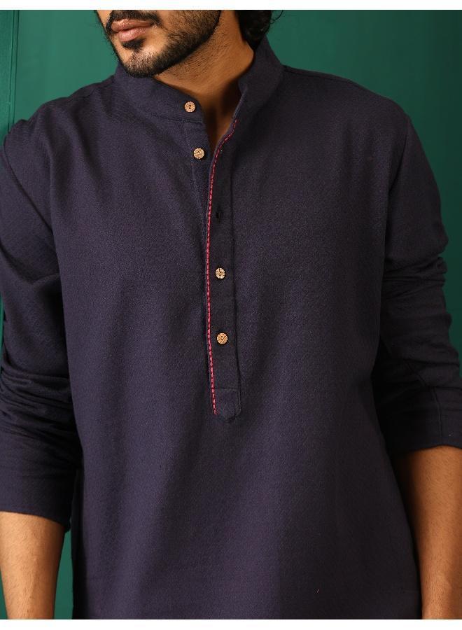 trueBrowns Men's Navy Dobby Textured Kurta  - Image 5