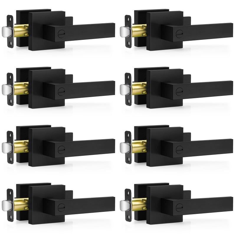 Plustool 8 Pack Matte Black Door Handles, Keyless Interior Door Knobs, Privacy Door Lever Locksets for Bedroom Bathroom, Heavy Duty Square Door Lock (2.0lb), Reversible for Left&Right Handled Doors - Image 1