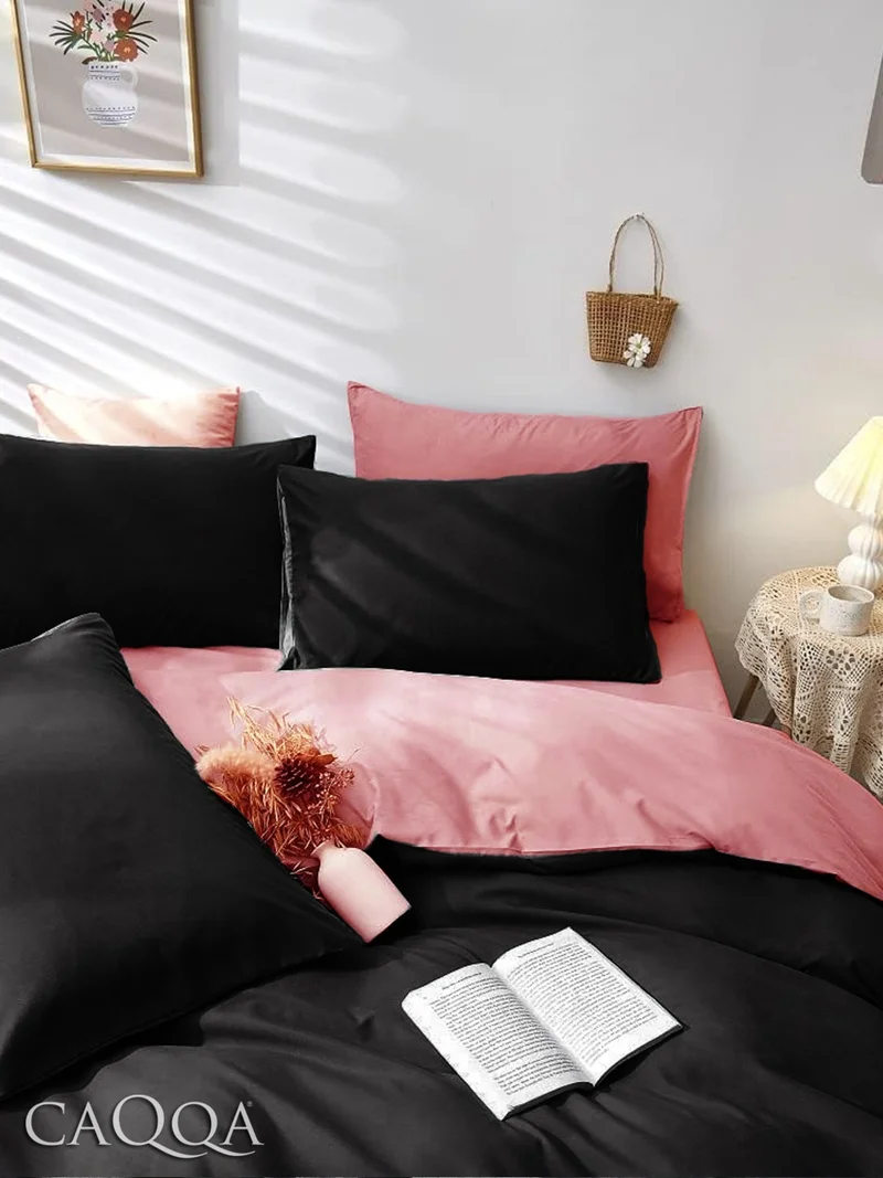 كاكا Pink Black Duvet Cover Set with Elastic Sheets
