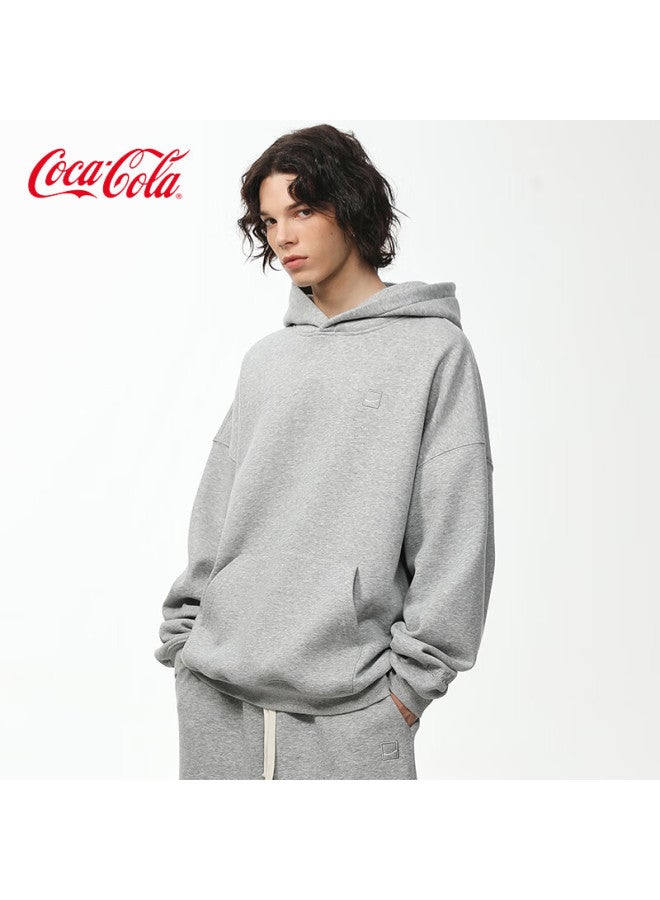 Coca-cola Men's Hoodie Autumn Winter Fleece Thickened Solid Color Simple Embroidered Jacket Gray XL - Image 2