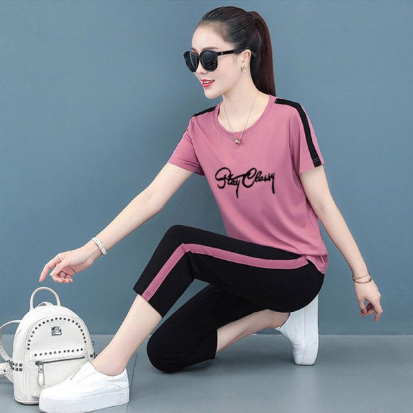 Generic 2022 Summer Fashion Casual Womens Sport Suit 6622 pink suit cropped pants 