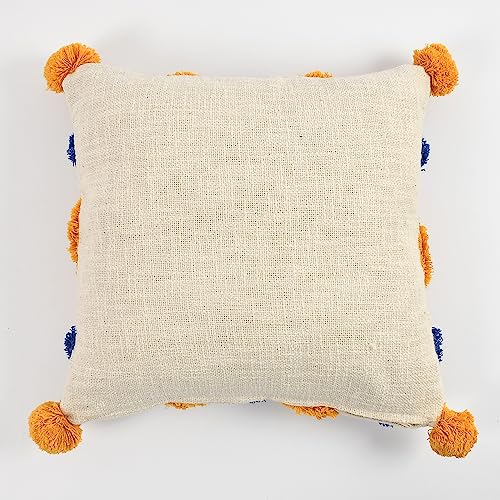 Outlay Home Decorative Throw Cushion Covers, Blue and Yellow Geometric Pattern with Pom Poms, Tufted Design with Back Zipper (16 X 16 Inch, 1 Piece) - Image 2
