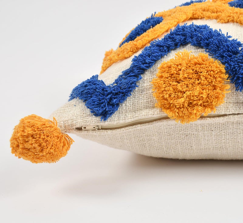 Outlay Home Decorative Throw Cushion Covers, Blue and Yellow Geometric Pattern with Pom Poms, Tufted Design with Back Zipper (16 X 16 Inch, 1 Piece) - Image 4