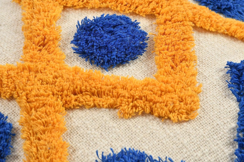 Outlay Home Decorative Throw Cushion Covers, Blue and Yellow Geometric Pattern with Pom Poms, Tufted Design with Back Zipper (16 X 16 Inch, 1 Piece) - Image 5