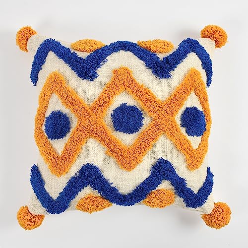 Outlay Home Decorative Throw Cushion Covers, Blue and Yellow Geometric Pattern with Pom Poms, Tufted Design with Back Zipper (16 X 16 Inch, 1 Piece) - Image 3
