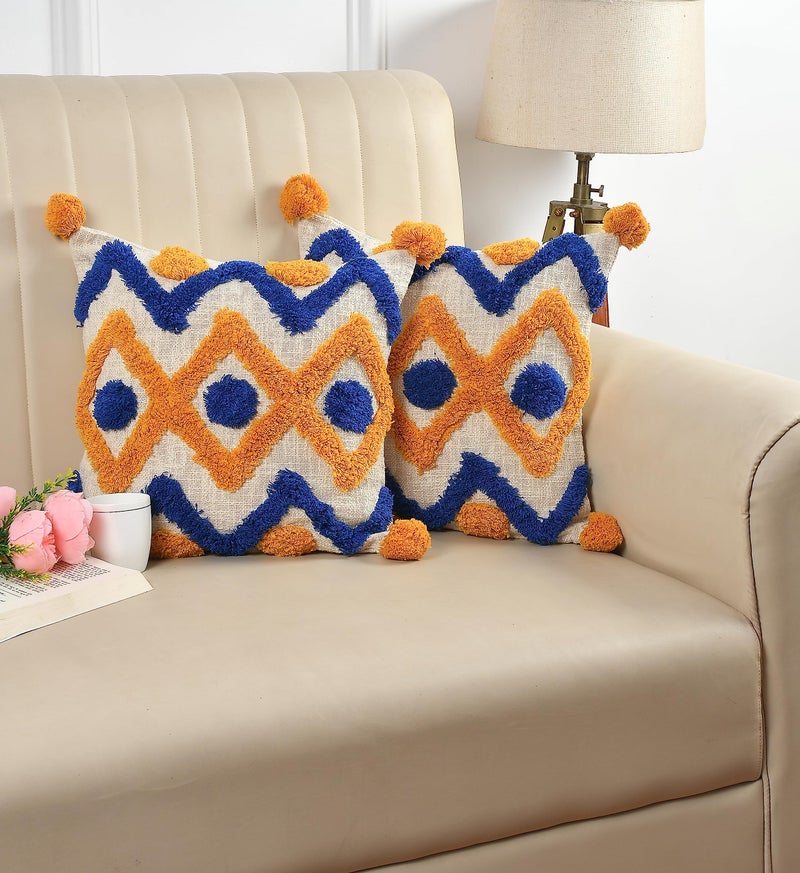 Outlay Home Decorative Throw Cushion Covers, Blue and Yellow Geometric Pattern with Pom Poms, Tufted Design with Back Zipper (16 X 16 Inch, 1 Piece) - Image 1