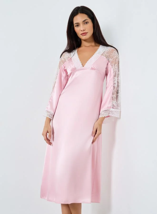 Take Two Take Two Contrast Lace Insert V Neck Satin Nightdress