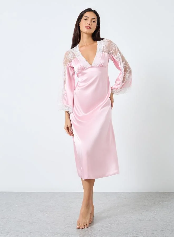 Take Two Take Two Contrast Lace Insert V Neck Satin Nightdress