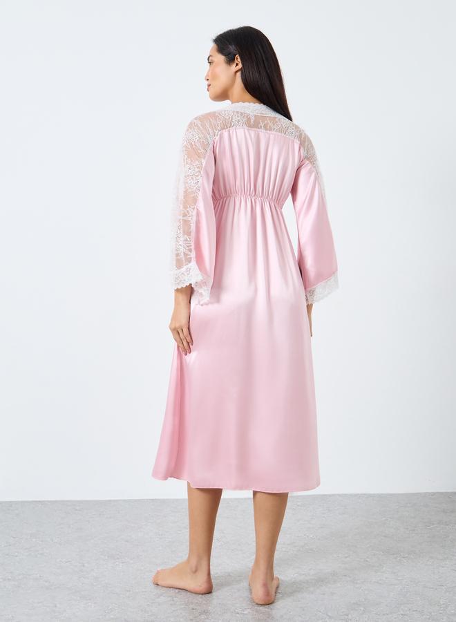 تايك تو قميص نوم ساتان بتفاصيل دانتيل متباينة - Image 4