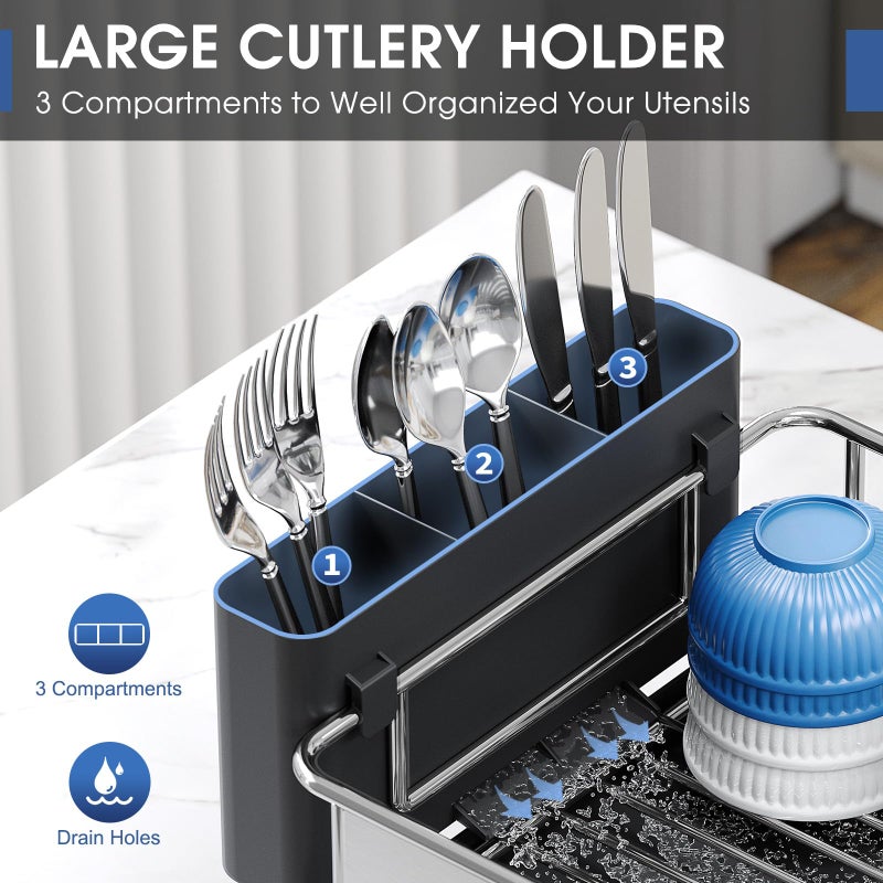 Urackify Stainless Steel Dish Drying Rack - Large Capacity Kitchen Counter Organizer with Drain Board, Utensil Holder & Detachable Cup Shelf, Surgical-Grade Rust-Proof Dish Drainer, Easy Assembly - Image 4