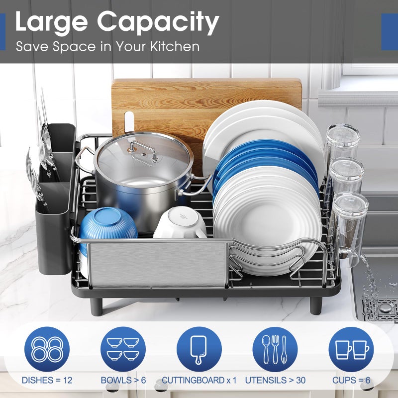 Urackify Stainless Steel Dish Drying Rack - Large Capacity Kitchen Counter Organizer with Drain Board, Utensil Holder & Detachable Cup Shelf, Surgical-Grade Rust-Proof Dish Drainer, Easy Assembly - Image 3