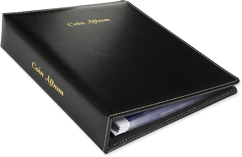 FIS Coin Album - Bonded Leather, 250x270mm, 4[D] Ring Binder with 35 Clear PVC Pockets, Black - Image 1