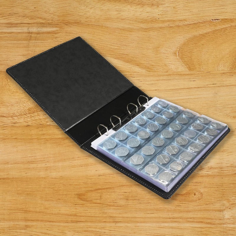 FIS Coin Album - Bonded Leather, 250x270mm, 4[D] Ring Binder with 35 Clear PVC Pockets, Black - Image 3