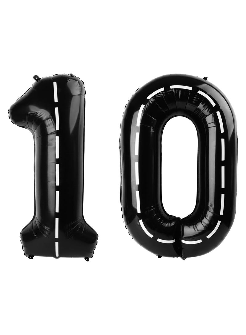 Race Car Number 10 Balloon 40 inch, Black 10 Number Balloons, 10th Birthday Decorations, 10 Year Old Boys Race Themed Party Decorations