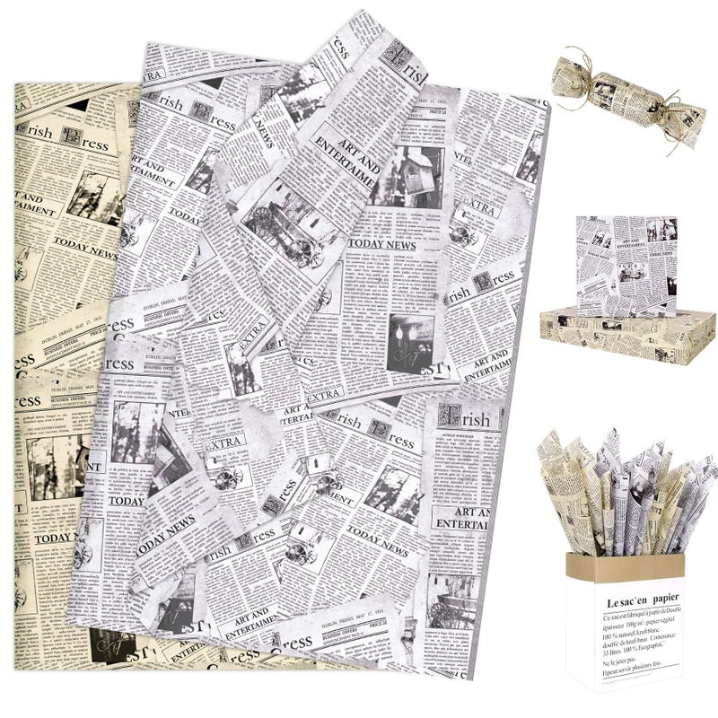 Larcenciel 100 Sheet Vintage Newspaper Tissue Paper, Old News Print Gift Wrapping Tissue Paper for Gift Bags Packaging, Black Beige Art Tissue for Wedding Birthday Party Holiday Decor Craft, 20x14inch - Image 1