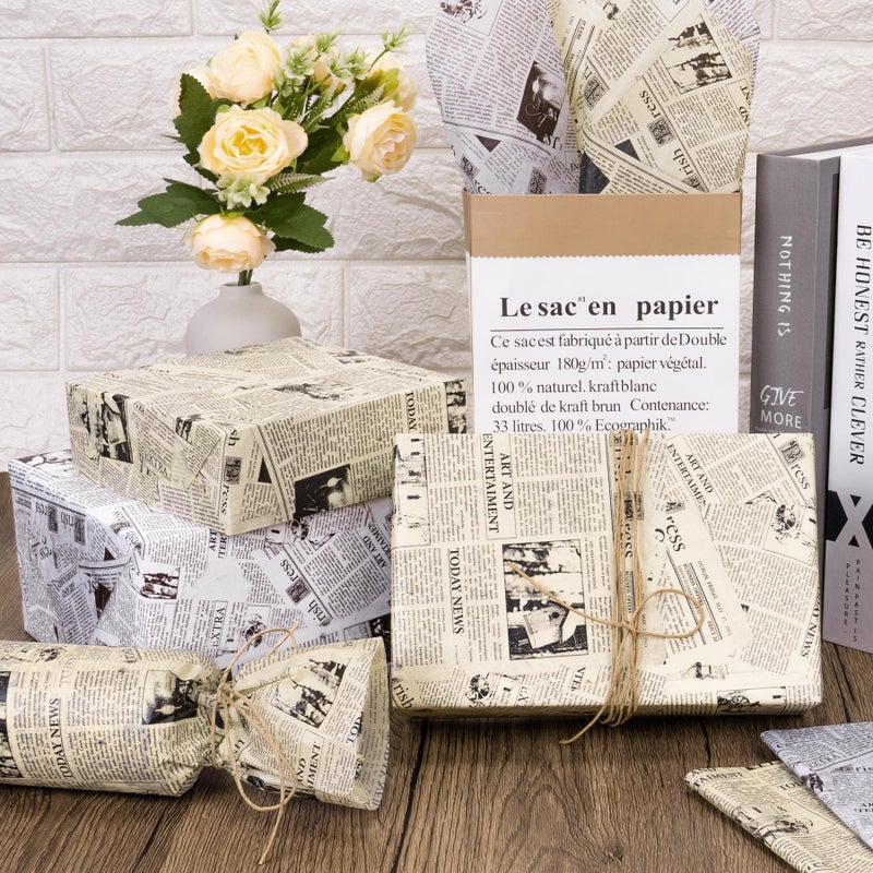 Larcenciel 100 Sheet Vintage Newspaper Tissue Paper, Old News Print Gift Wrapping Tissue Paper for Gift Bags Packaging, Black Beige Art Tissue for Wedding Birthday Party Holiday Decor Craft, 20x14inch - Image 2