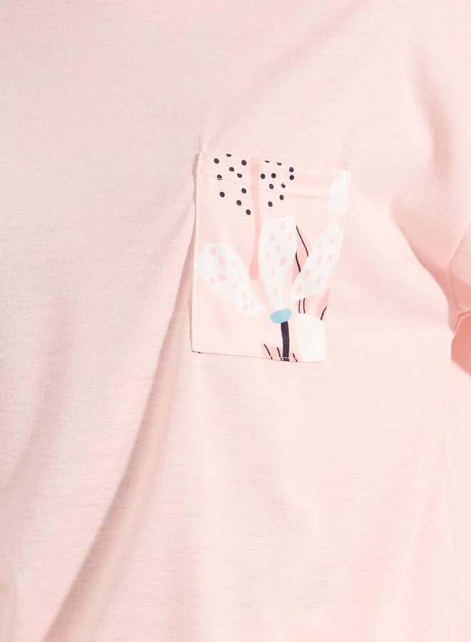 Styli Large Scale Floral Print Pocket T-Shirt & Pyjama Set