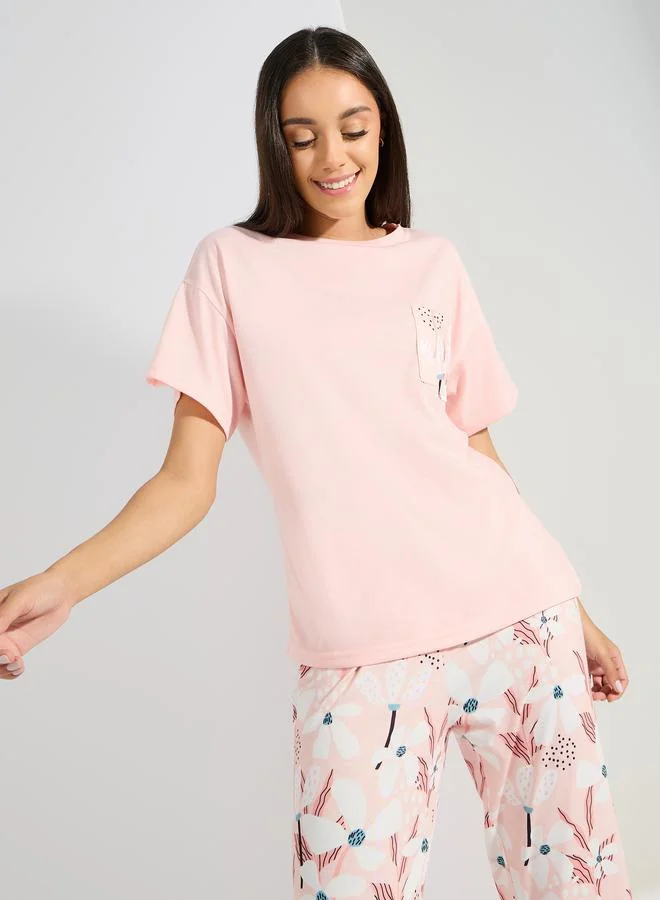 Styli Large Scale Floral Print Pocket T-Shirt & Pyjama Set