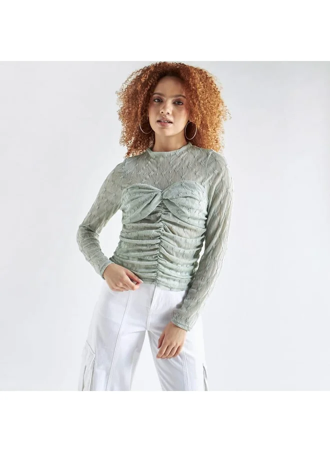 FAV Textured Crew Neck Top with Ruched Detail and Long Sleeves