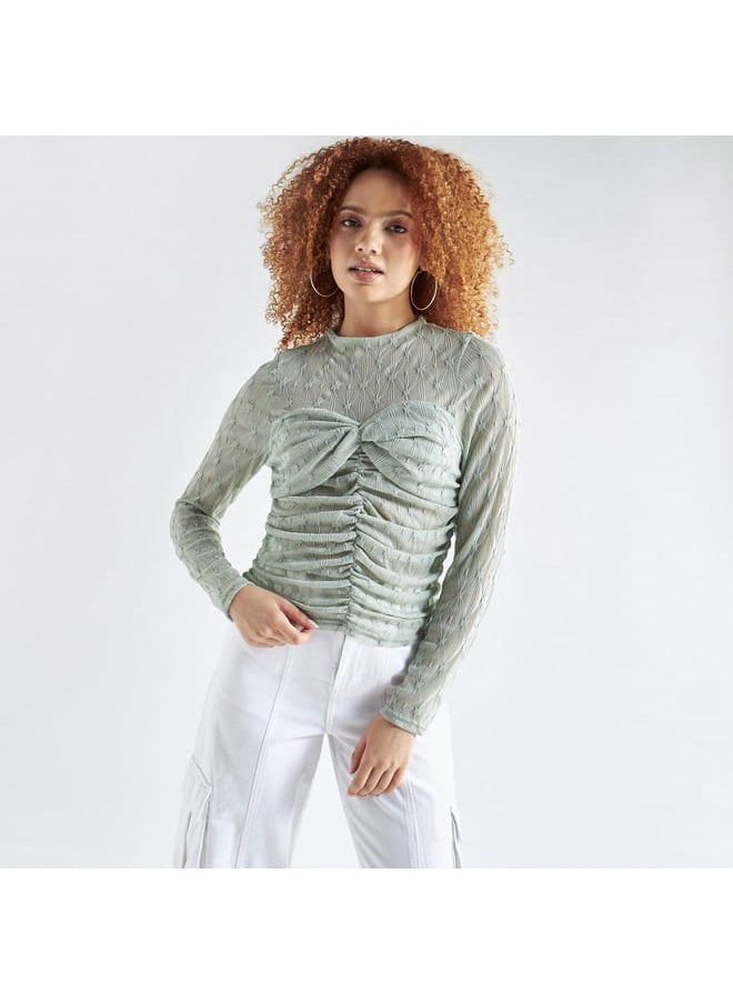 FAV Textured Crew Neck Top with Ruched Detail and Long Sleeves  - Image 1