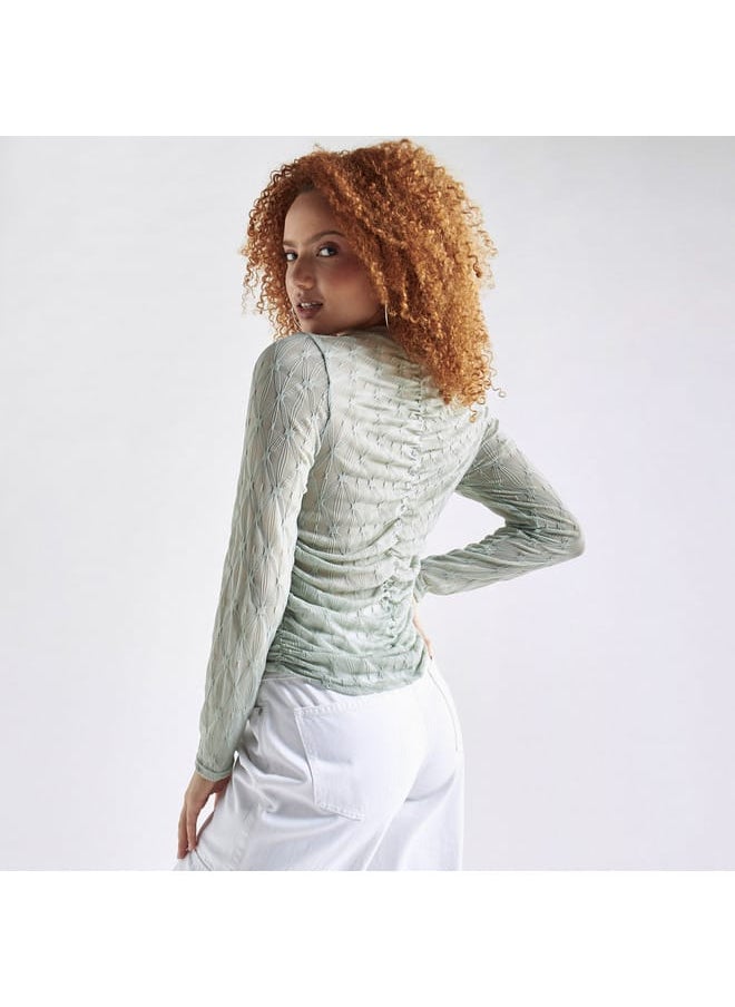 FAV Textured Crew Neck Top with Ruched Detail and Long Sleeves  - Image 3