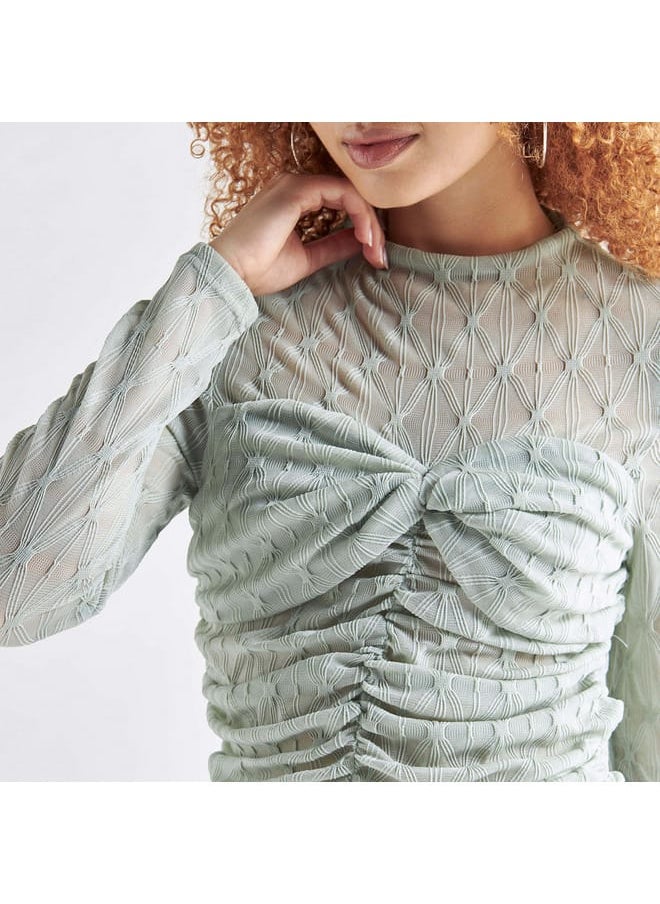 FAV Textured Crew Neck Top with Ruched Detail and Long Sleeves  - Image 4