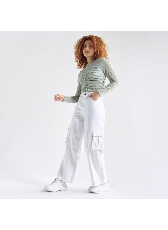 FAV Textured Crew Neck Top with Ruched Detail and Long Sleeves  - Image 2
