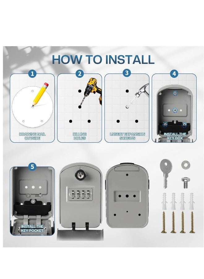 صندوق قفل المفاتيح الكبير جدًا، صندوق أمان ذو 4 أرقام ومفتاح احتياطي مثبت على الحائط للاستخدام الخارجي، صندوق تخزين مفاتيح مقاوم للماء للخزائن في المنزل والمكتب والمرآب والمدرسة باللون الرمادي - Image 2