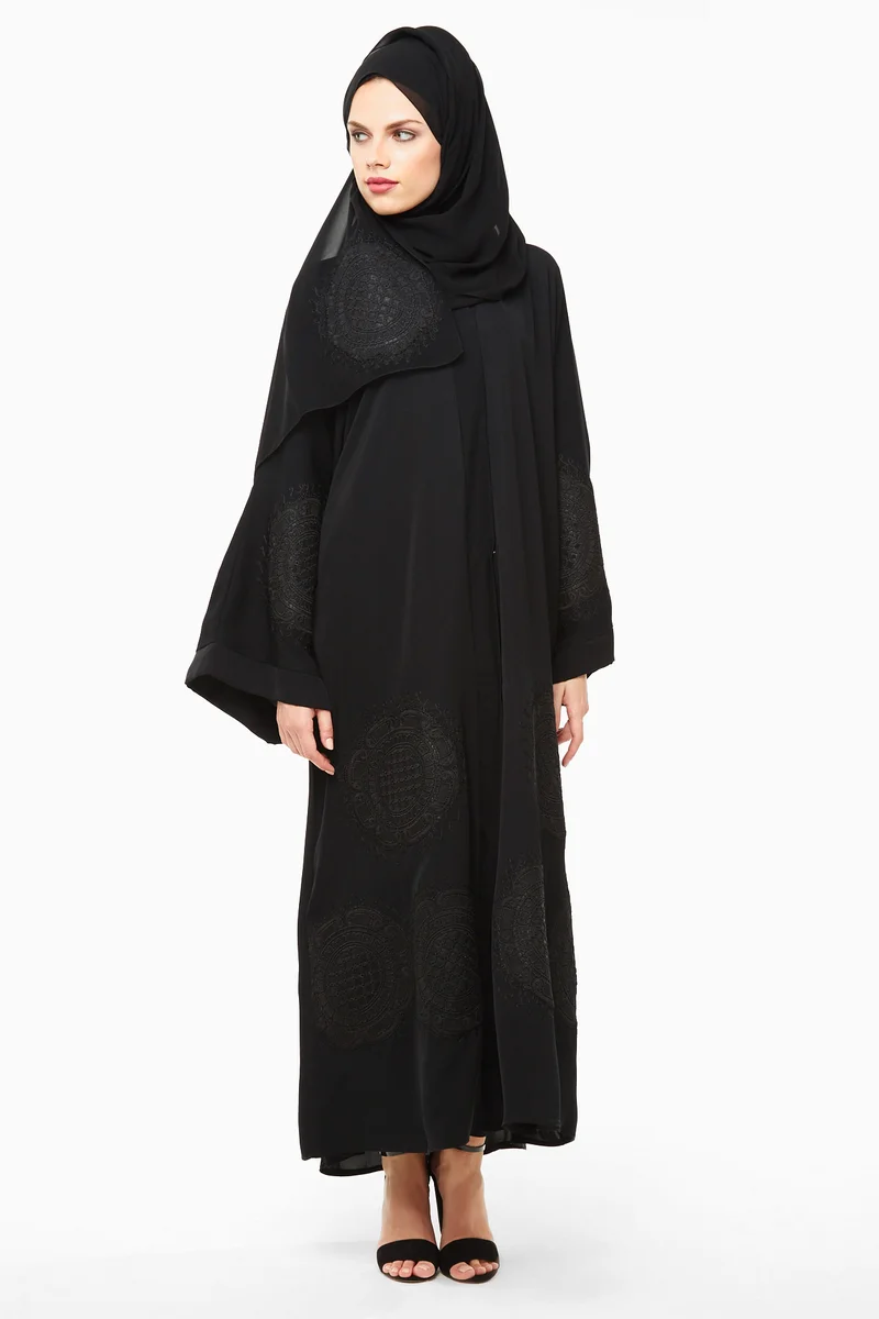 النخبة Black self embroidered floral print abaya-AJ12A