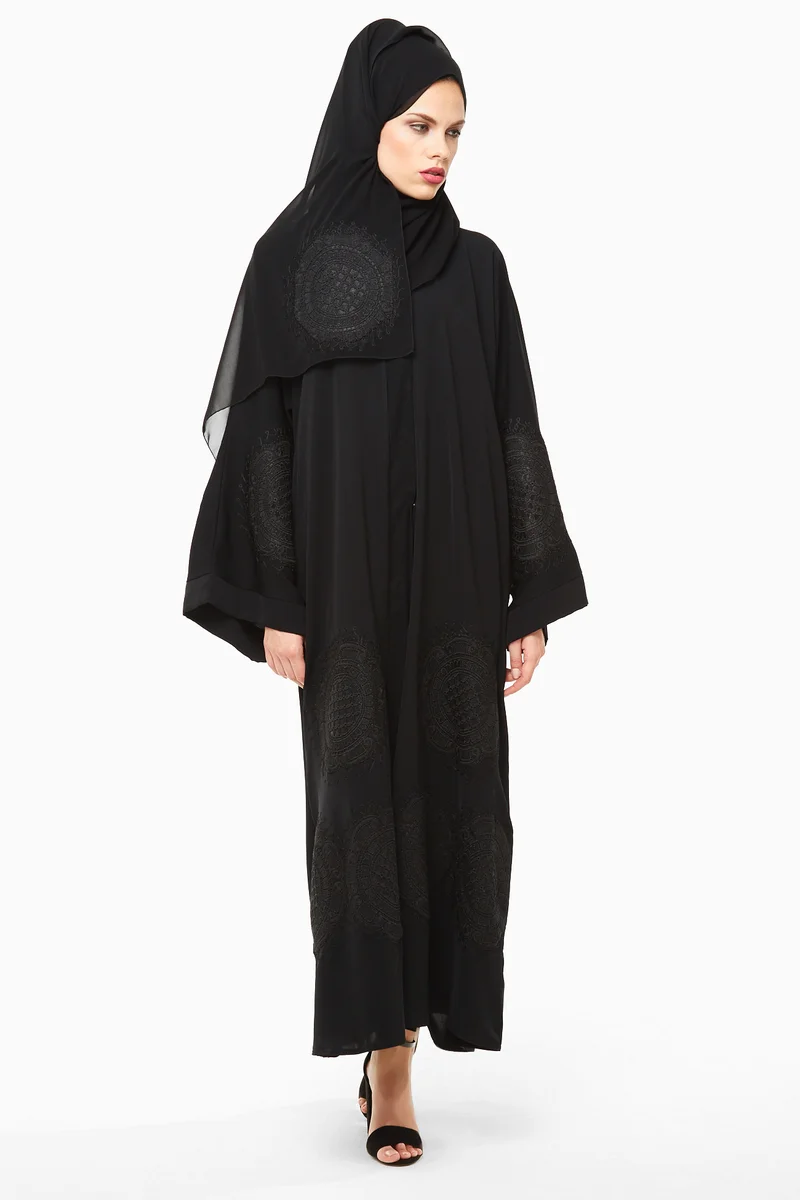 النخبة Black self embroidered floral print abaya-AJ12A