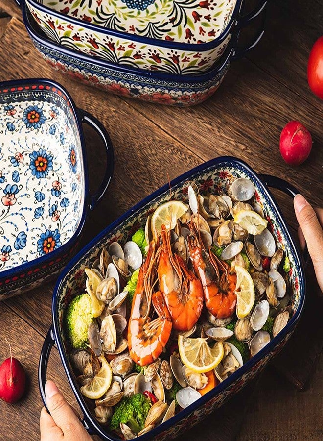 Bicuzat صينية خبز سيراميك بتصميم عتيق مزينة بزهرة الأقحوان الحمراء من بيكوزات، صينية خزفية متعددة الاستخدامات، صينية لازانيا، صينية خبز بمقابض للفرن/الطبخ/المطبخ - قطعة واحدة، 60 أونصة - Image 4