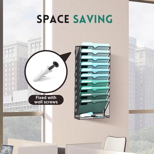 SUPEASY 11-Tier Wall File Organizer, Hanging Wall Files for Papers, Folders, Magazines, Wall Organizer for Clipboard, Assembly Needed, Black - Image 5
