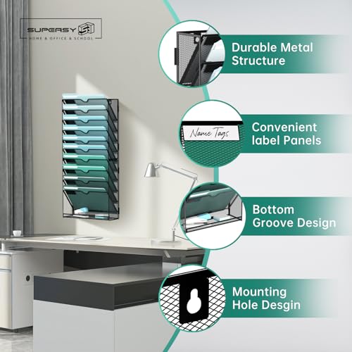 SUPEASY 11-Tier Wall File Organizer, Hanging Wall Files for Papers, Folders, Magazines, Wall Organizer for Clipboard, Assembly Needed, Black - Image 4