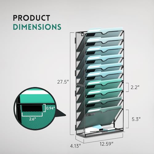 SUPEASY 11-Tier Wall File Organizer, Hanging Wall Files for Papers, Folders, Magazines, Wall Organizer for Clipboard, Assembly Needed, Black - Image 3