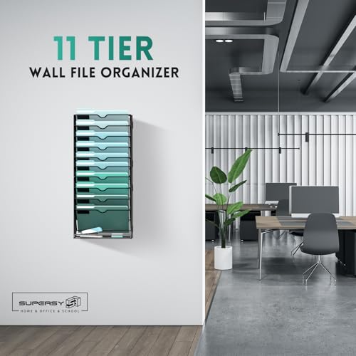 SUPEASY 11-Tier Wall File Organizer, Hanging Wall Files for Papers, Folders, Magazines, Wall Organizer for Clipboard, Assembly Needed, Black - Image 2