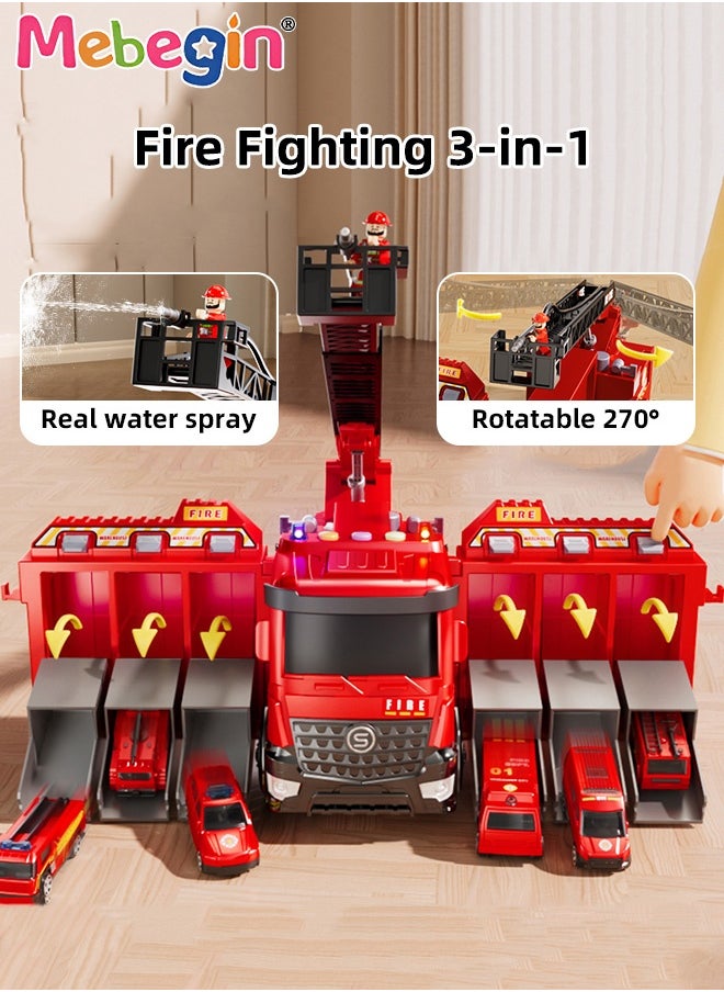 MEBEGIN Deformable Fire Truck Toy with 6 Parking Spaces and Extension Ladder, Fire Rescue Truck Vehicle Toy with Lights, Sounds and Spraying Water Function, Car Truck Toy Set with 12 Alloy Cars, Ideal Gift for Kids Aged 3+  - Image 3