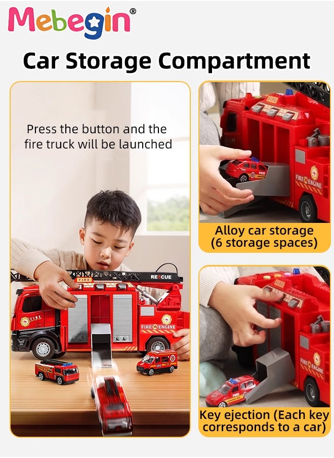MEBEGIN Deformable Fire Truck Toy with 6 Parking Spaces and Extension Ladder, Fire Rescue Truck Vehicle Toy with Lights, Sounds and Spraying Water Function, Car Truck Toy Set with 12 Alloy Cars, Ideal Gift for Kids Aged 3+  - Image 4