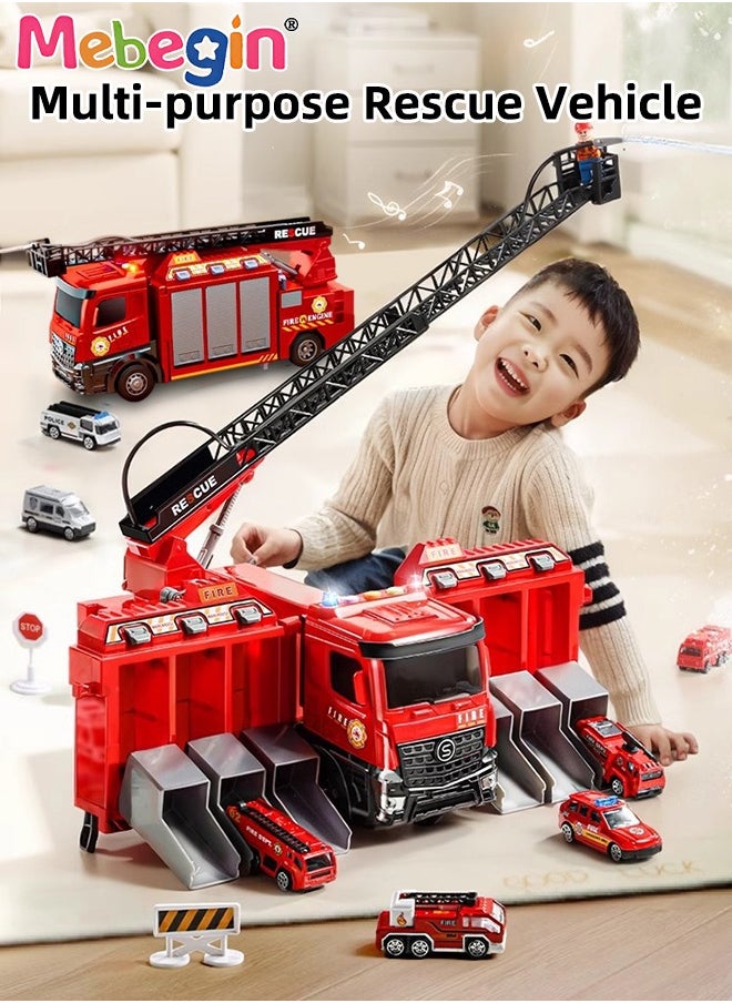 MEBEGIN Deformable Fire Truck Toy with 6 Parking Spaces and Extension Ladder, Fire Rescue Truck Vehicle Toy with Lights, Sounds and Spraying Water Function, Car Truck Toy Set with 12 Alloy Cars, Ideal Gift for Kids Aged 3+  - Image 2