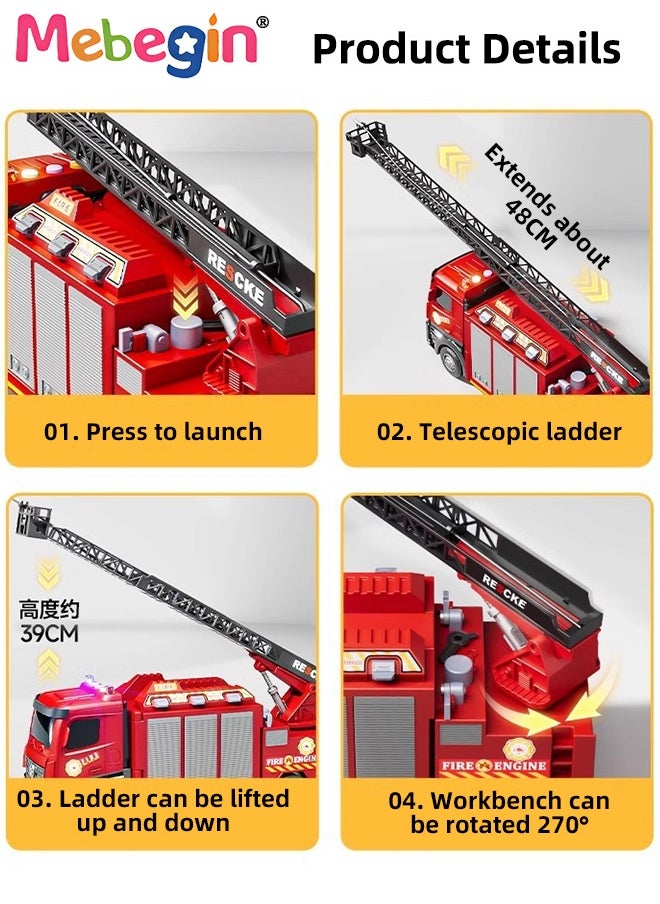 MEBEGIN Deformable Fire Truck Toy with 6 Parking Spaces and Extension Ladder, Fire Rescue Truck Vehicle Toy with Lights, Sounds and Spraying Water Function, Car Truck Toy Set with 12 Alloy Cars, Ideal Gift for Kids Aged 3+  - Image 5
