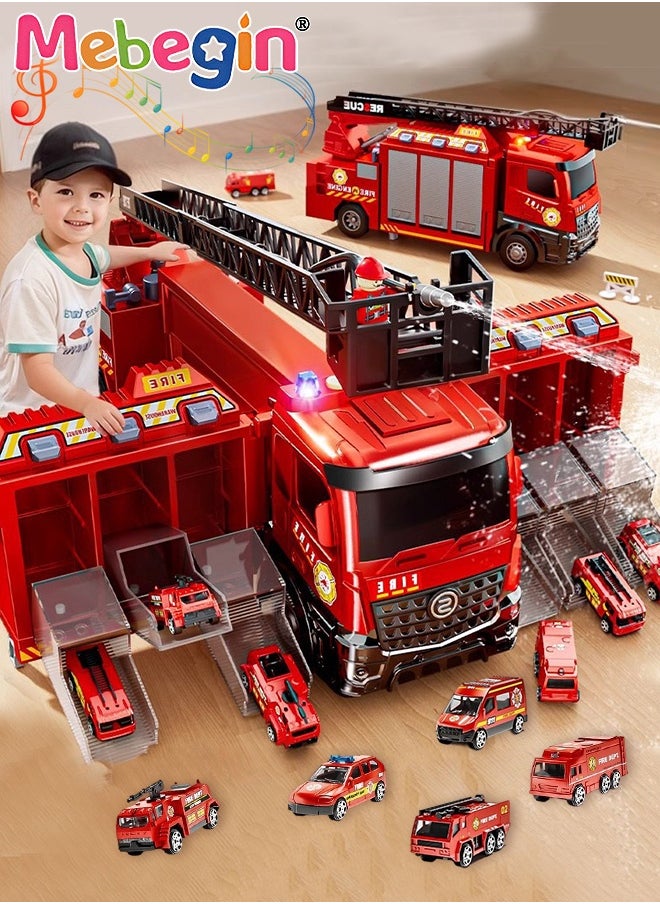 MEBEGIN Deformable Fire Truck Toy with 6 Parking Spaces and Extension Ladder, Fire Rescue Truck Vehicle Toy with Lights, Sounds and Spraying Water Function, Car Truck Toy Set with 12 Alloy Cars, Ideal Gift for Kids Aged 3+  - Image 1