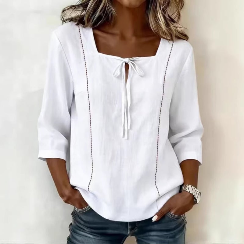 2026 Summer Loose Casual Printed Tie Square Neck Blouse for Women - Image 2