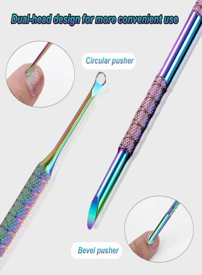JERCLITY 2 Pieces Iridescence Double-Ended Stainless Steel Cuticle Pusher Cuticle Remover With 180 Grit Sandpaper Sheets Nail Prep Tools Russian Manicure Kit Nail Cuticle Pusher for Women - Image 3