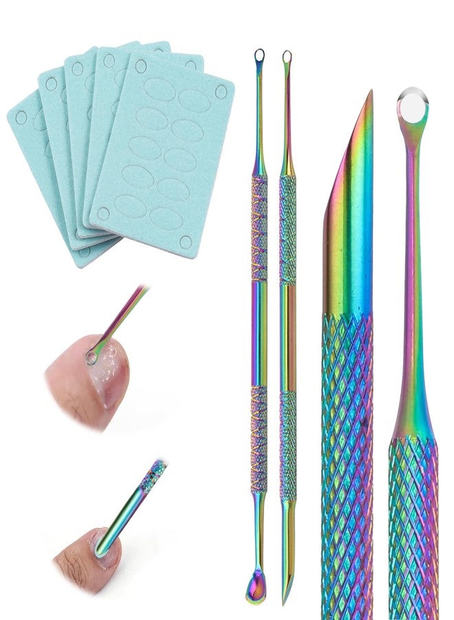 JERCLITY 2 Pieces Iridescence Double-Ended Stainless Steel Cuticle Pusher Cuticle Remover With 180 Grit Sandpaper Sheets Nail Prep Tools Russian Manicure Kit Nail Cuticle Pusher for Women - Image 1