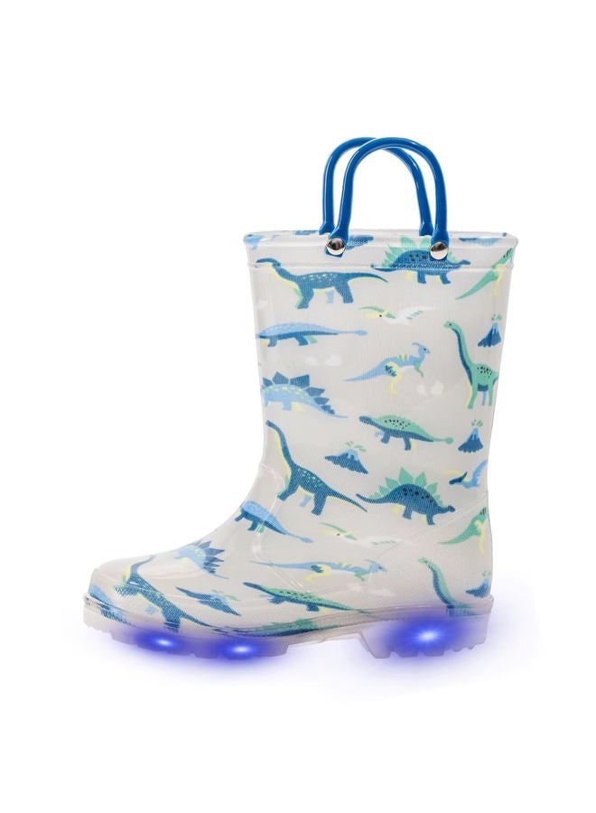 EUXTERPA Boys Wellies for Kids, Dinosaur Wellington Boots Kids w/Handle, Toddler Wellies Light Up Anti-Skid Children Rain Welly Shoes, Grey Dinosaur, 2 UK - Image 1
