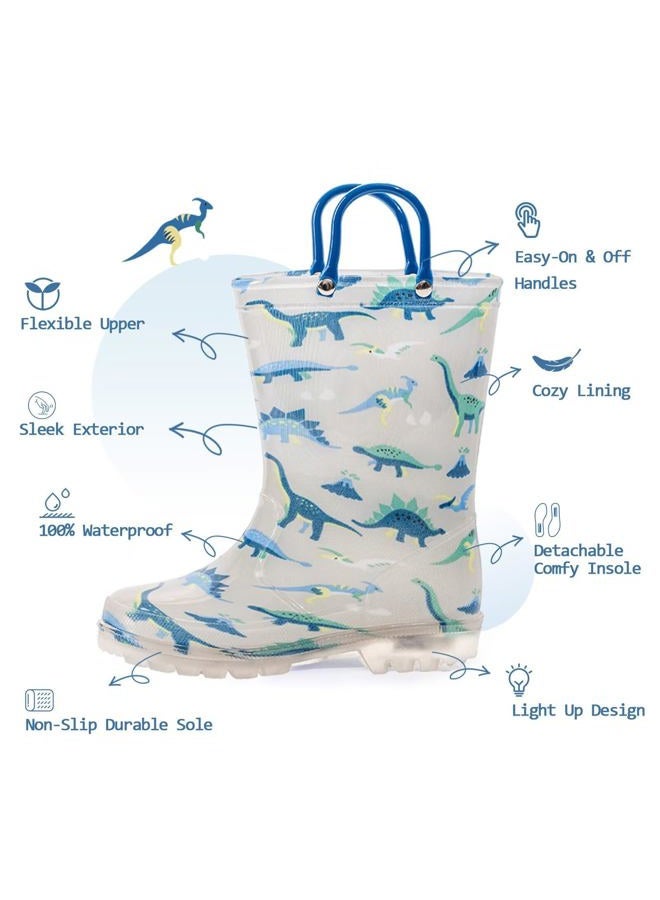 EUXTERPA Boys Wellies for Kids, Dinosaur Wellington Boots Kids w/Handle, Toddler Wellies Light Up Anti-Skid Children Rain Welly Shoes, Grey Dinosaur, 2 UK - Image 4
